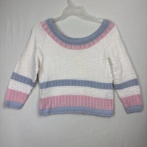 Vtg Vis-A-Vis White Pink Blue Cotton Sweater Medium USA MADE (see flaw)
